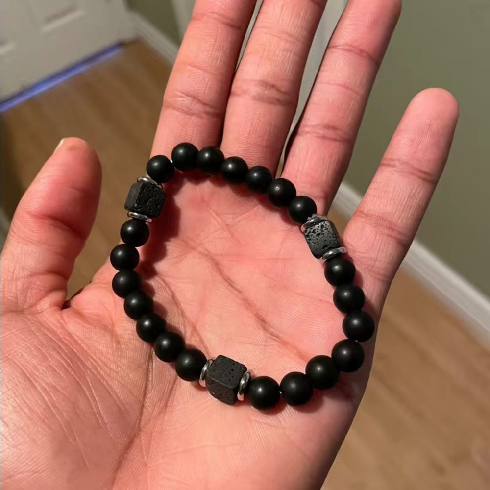 Matte Black Onyx Cubic Lava Stone Beaded Bracelet Stretch Bracelet Men’s NWT - Picture 5 of 10